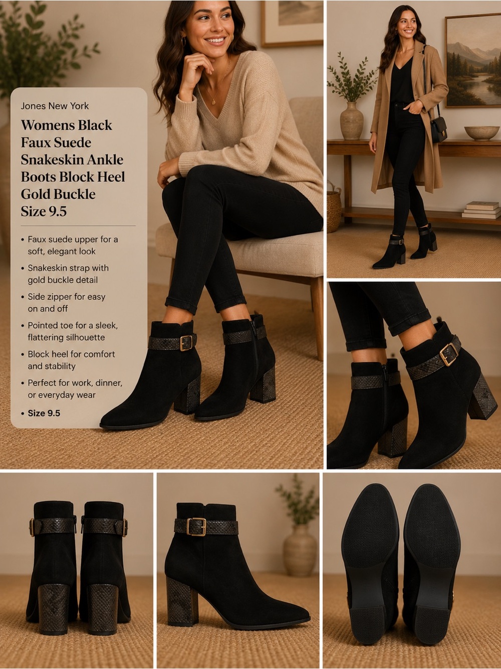 Womens Black Faux Suede Snakeskin Ankle Boots Heel Gold Buckle Size 9.5 NEW